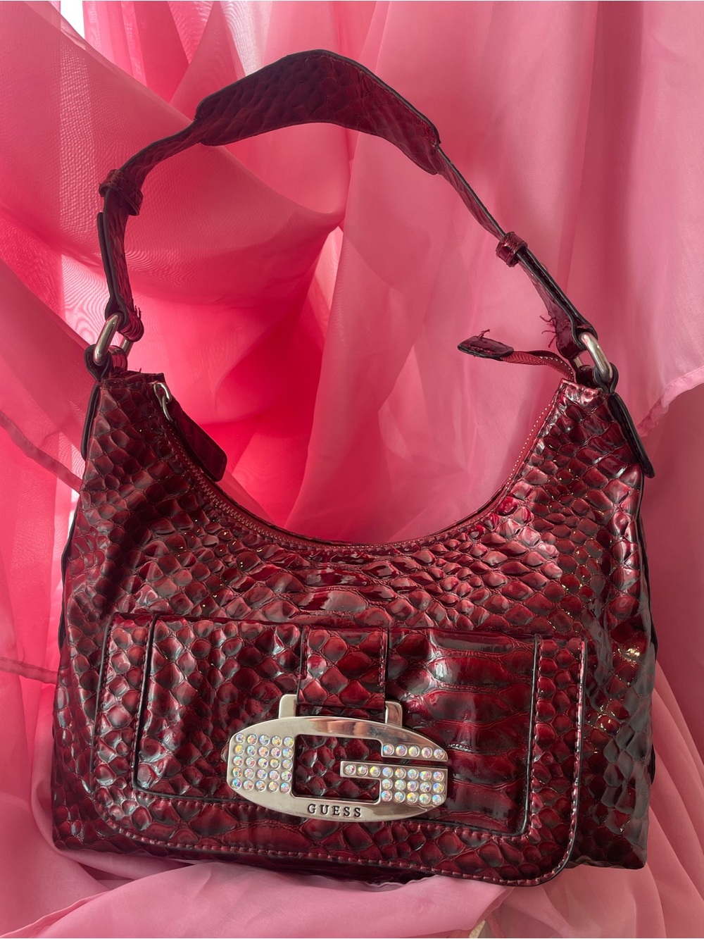 Vintage GUESS McBling Y2K Burgundy Croc Leather Rhinestone G Shoulder Bag